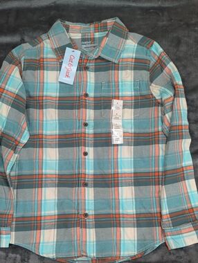 Cat & Jack Teal and Orange Plaid Button-Down Shirt Kids Size L 10/12
